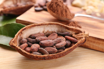 Half of cocoa pod with beans on wooden table
