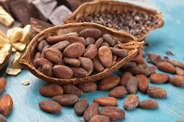 Half of cocoa pod with beans on wooden background