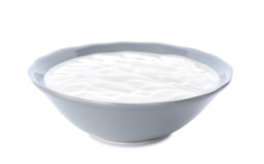 Tasty yogurt in dish on white background