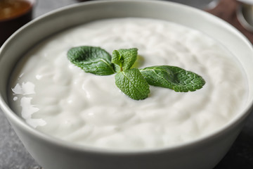 Tasty yogurt in dish, closeup