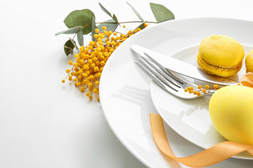 Beautiful festive Easter table setting with painted egg on white background, closeup