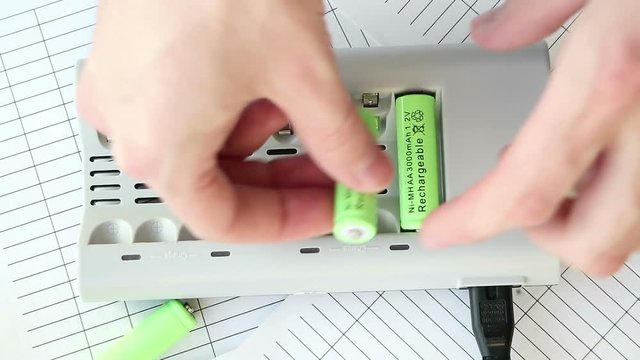 The man inserts a battery into the charger. Green batteries without labels. Full HD video. Renewable Energy Storage. Hands close-up top. Lit red LEDs.