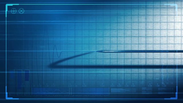 A closeup of a polygraph lie detector test needle drawing a line on graph paper overlaid with a technical data analysis interface