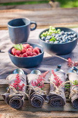 Obraz na płótnie Canvas Tasty raspberries and blueberries in the summer garden