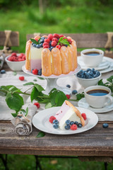 Tasty summer dessert with berries and biscuits served with coffee