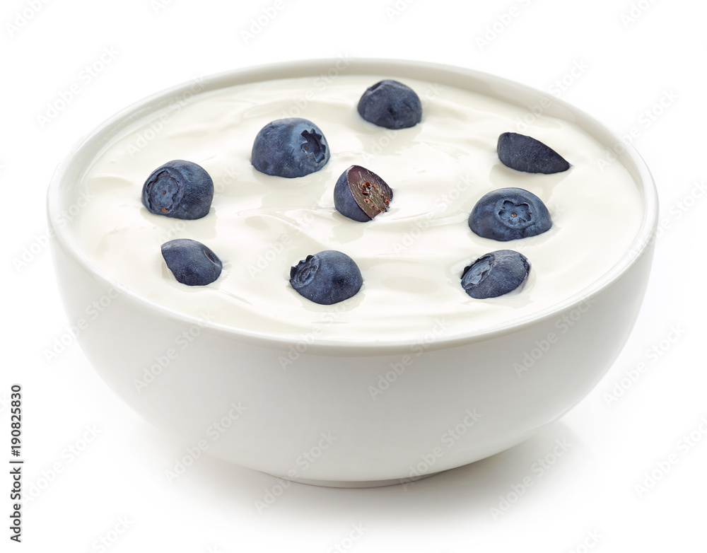 Poster bowl of yogurt cream with blueberries