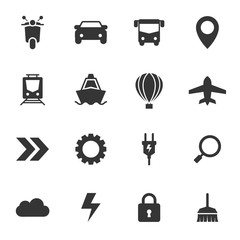 Transportation, arrow, gear, electric, search, cloud, padlock, broom simple icon set vector design