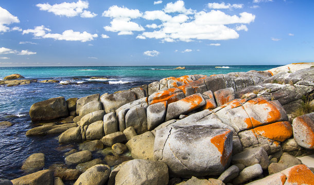 Bright orange lichen covers the rocks and gives the Bay of Fires its name. Tasmania, Australia.