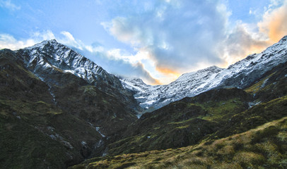 Sunset over the mountains as seen from Liverpool Hut in the Matukituki Valley, Mt. Aspiring National Park, New Zealand.