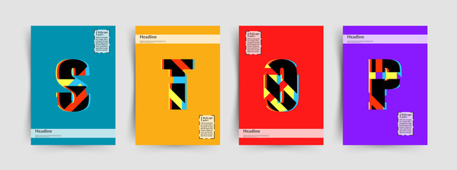 Modern Typographic Colorful Covers. Letters S, T, O, P With Abstract glitch Design Background. Vector Trendy Template For Your Posters, Banners, Presentations, Layouts.