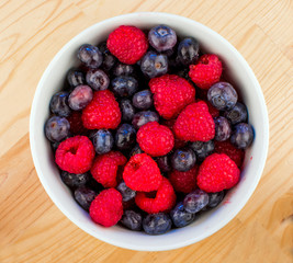 White Ceramic Bowl Full of Bluberries and Red Raspberries