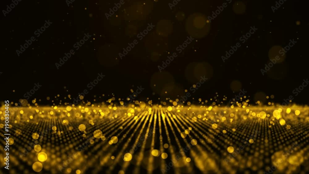 Poster animation seamless loop, motion abstract background with yellow and gold moving and flicker particle