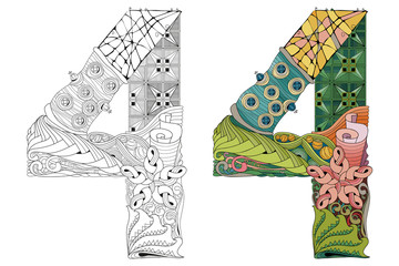 Number four zentangle for coloring. Vector decorative object