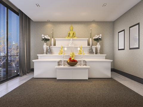 3d Rendering Modern Buddha Prayer Room With Night View From Window
