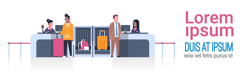 Airport Workers On Counter Checking In Male Passengers, Departures Board Concept Flat Vector Illustration