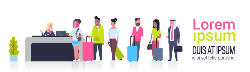 Group Of Mix Race Passengers Standing In Queue To Counter Check In Airport Template Banner With Copy Space, Departures Board Concept Flat Vector Illustration