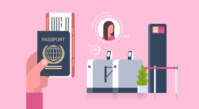 Business Hand Holding Passport And Tickets To Plane Over Check In Scanner At Airport Woman On Registration For Departure Concept Flat Vector Illustration