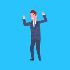 Business Man Cheerful Hold Raised Hands Office Worker Character Businessman Isolated Flat Vector Illustration