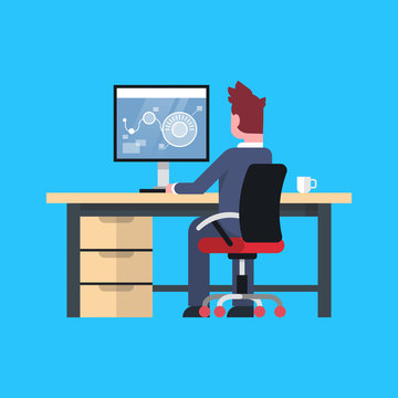 Business Man Sit At Office Desk Working At Computer Male Businessman Back Rear View Flat Vector Illustration