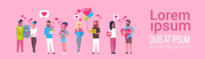 Group Of People Holding Presents On Template Pink Background Valentine Day Holiday Concept Flat Vector Illustration