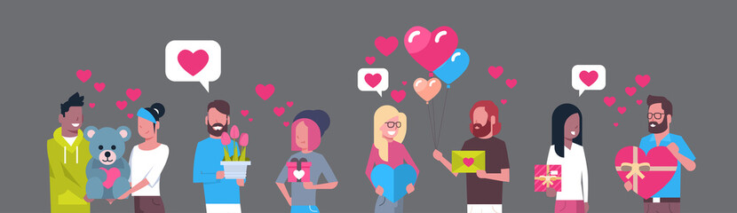 Group Of People Holding Gifts Valentine Day Holiday Concept Horizontal Banner Flat Vector Illustration