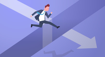Business Risk Concept With Businessman Jumping Over Gap On Arrow Chart Flat Vector Illustration