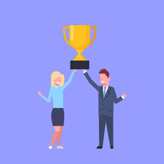 Business Man And Woman Holding Together Golden Cup Successful Businessman And Businesswoman Team Winners Flat Vector Illustration