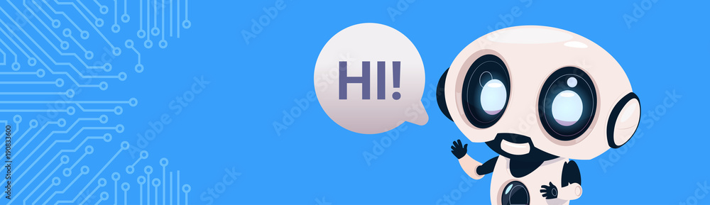 Poster robot chatter bot say hi over circuit background with copy space flat vector illustration