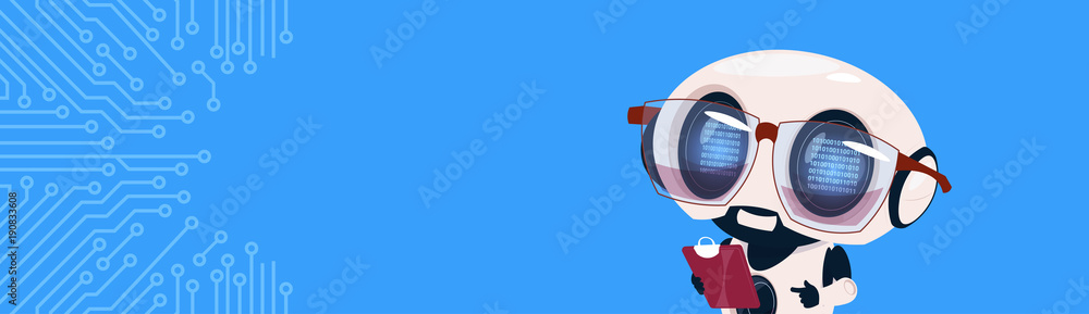 Poster modern robot work on tablet computer chatter bot over circuit background with copy space flat vector