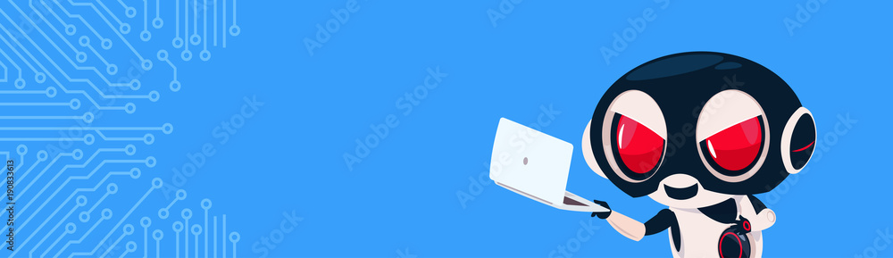 Poster Robot In Black Mask Hacking Laptop Computer Hacker Over Circuit Background With Copy Space Flat Vector Illustration