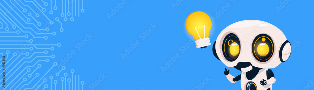 Poster new idea concept robot hold light bulb over circuit background with copy space flat vector illustrat