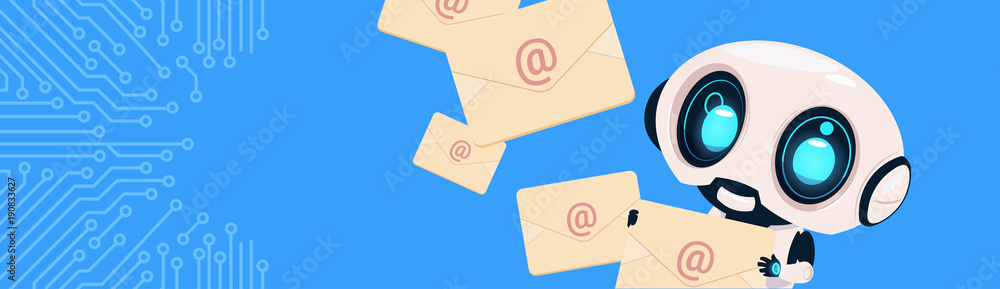 Poster robot holding envelopes email letters chatter bot over circuit background horizontal bannner with co