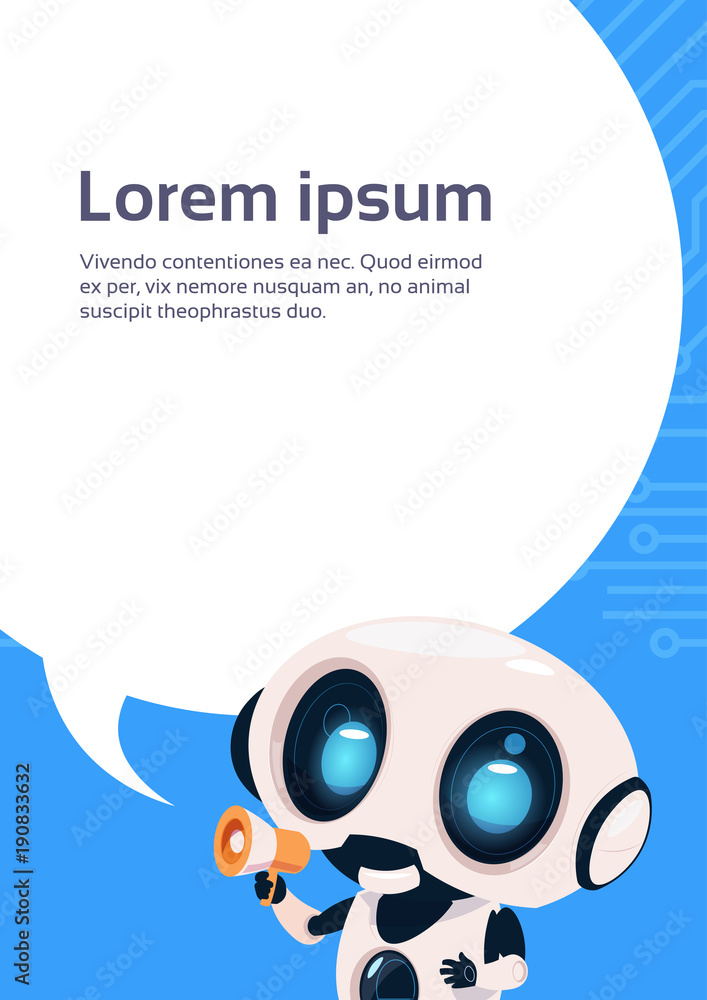 Poster robot digital marketing chat bot holding megaphone over chat bubble background with copy space flat 