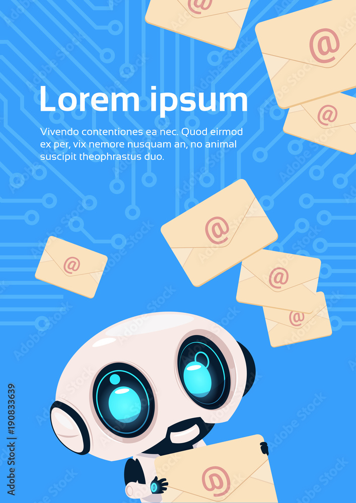 Poster cute chat bot robot with email envelopes over circuit background with copy space flat vector illustr