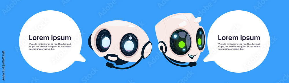 Poster robot chatter bot or chatbot on blue background with copy space flat vector illustration