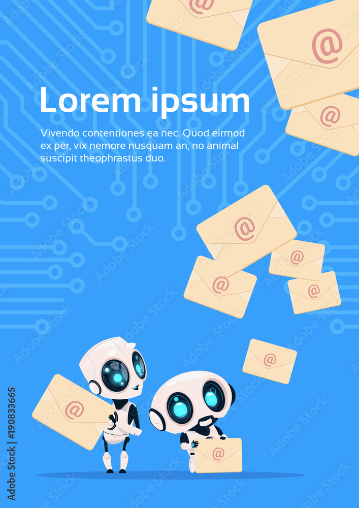 Poster two modern robots chatter bots with email letters chatbots over circuit background with copy space f