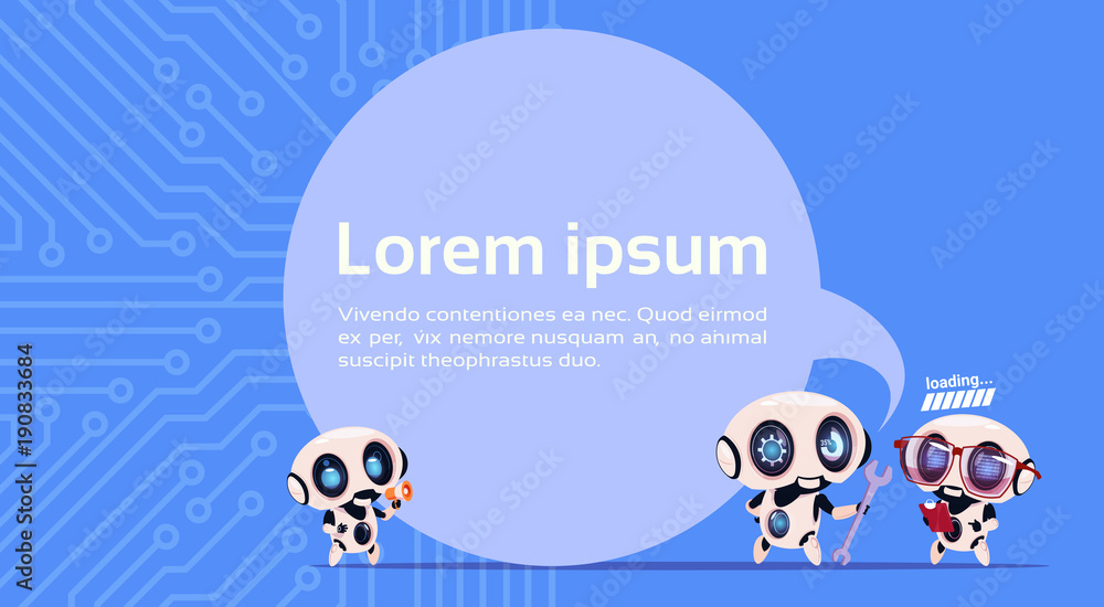 Poster group of modern robots chatter bot or chatbot on blue circuit background with copy space flat vector