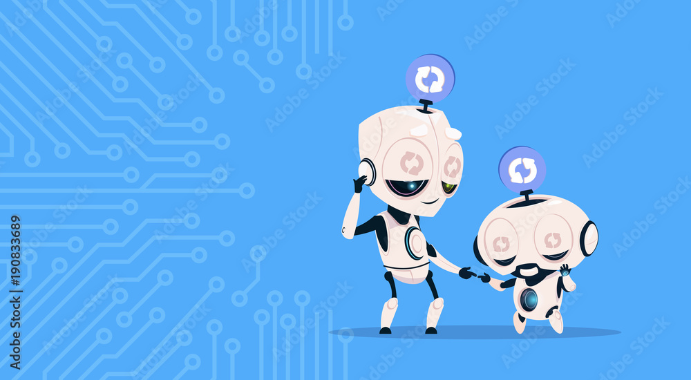 Poster two cute robots sleeping updating system programming software over circuit background flat vector il