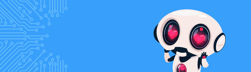 Cute Robot With Hearts In Eyes Over Circuit Horizontal Bannner With Copy Space Flat Vector Illustration