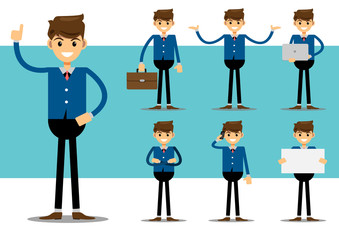 Set of businessman characters in different poses, cartoon flat-style vector illustration.