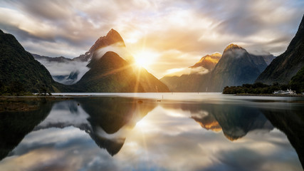 Beautiful Sunrise in Milford Sound, New Zealand