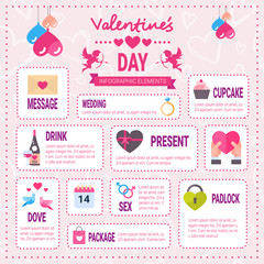 Obraz premium Creative Valentines Day Infographic Set Of Elements Icons Over Pink Background, Romantic Holiday Info Graphic Collection Flat Vector Illustration