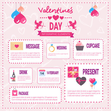 Valentines Day Infographic Elements Icons Over Pink Background, Love Holiday Info Graphic Flat Vector Illustration