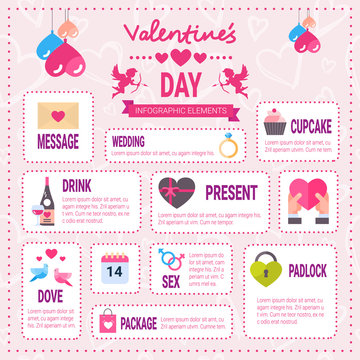 Creative Valentines Day Infographic Set Of Elements Icons Over Pink Background, Romantic Holiday Info Graphic Collection Flat Vector Illustration