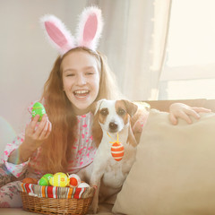 Happy child with easter eggs