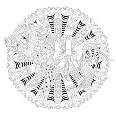 Piggy coloring book for adults vector with mandala