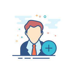 Businessman with plus sign icon in outlined flat color style. Vector illustration.