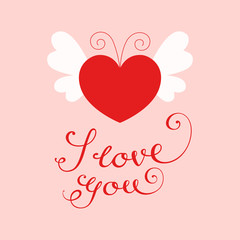 Vector illustration of a red heart with white butterfly wings and antennae. Calligraphic text 