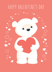 Valentines day greeting card. Vector illustration of a cute white teddy bear standing and holding a heart in his paws. Coral pink background. Vertical format.