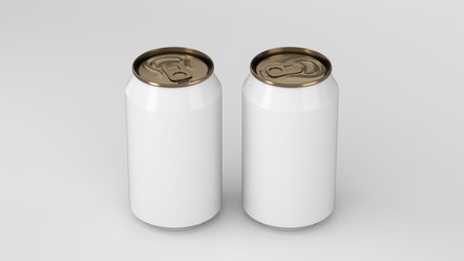 Two small white and gold aluminum soda cans mockup on white background